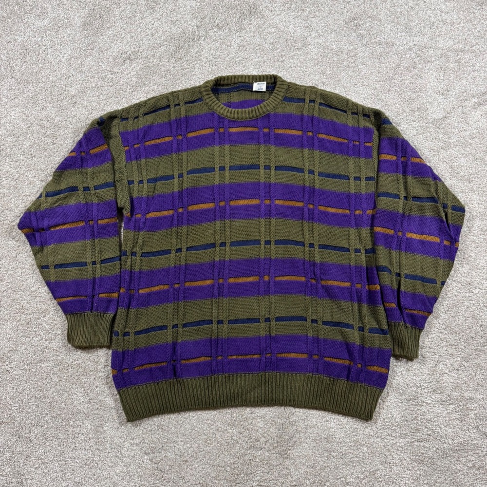 Vintage Union Made in USA Cotton Cable Knit Striped Sweater Mens Large Green